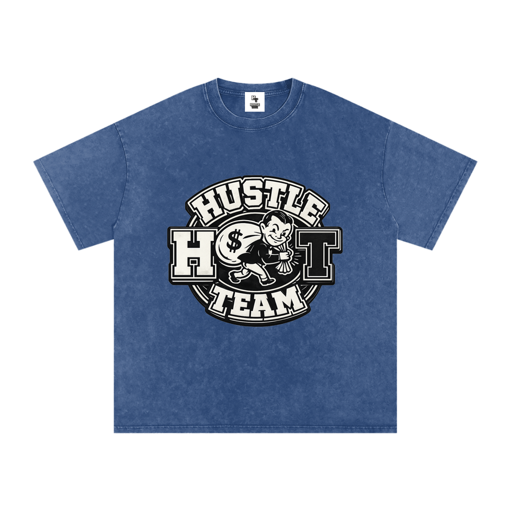 Hustle Team Logo Snow Washed Oversized Cotton T-Shirt