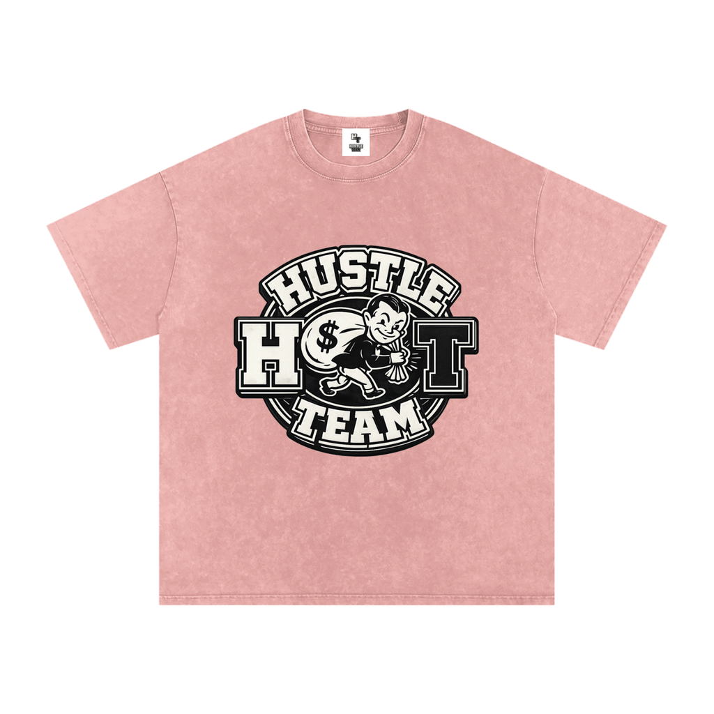 Hustle Team Logo Snow Washed Oversized Cotton T-Shirt