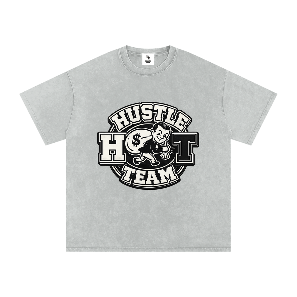 Hustle Team Logo Snow Washed Oversized Cotton T-Shirt