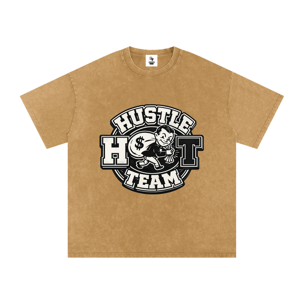 Hustle Team Logo Snow Washed Oversized Cotton T-Shirt